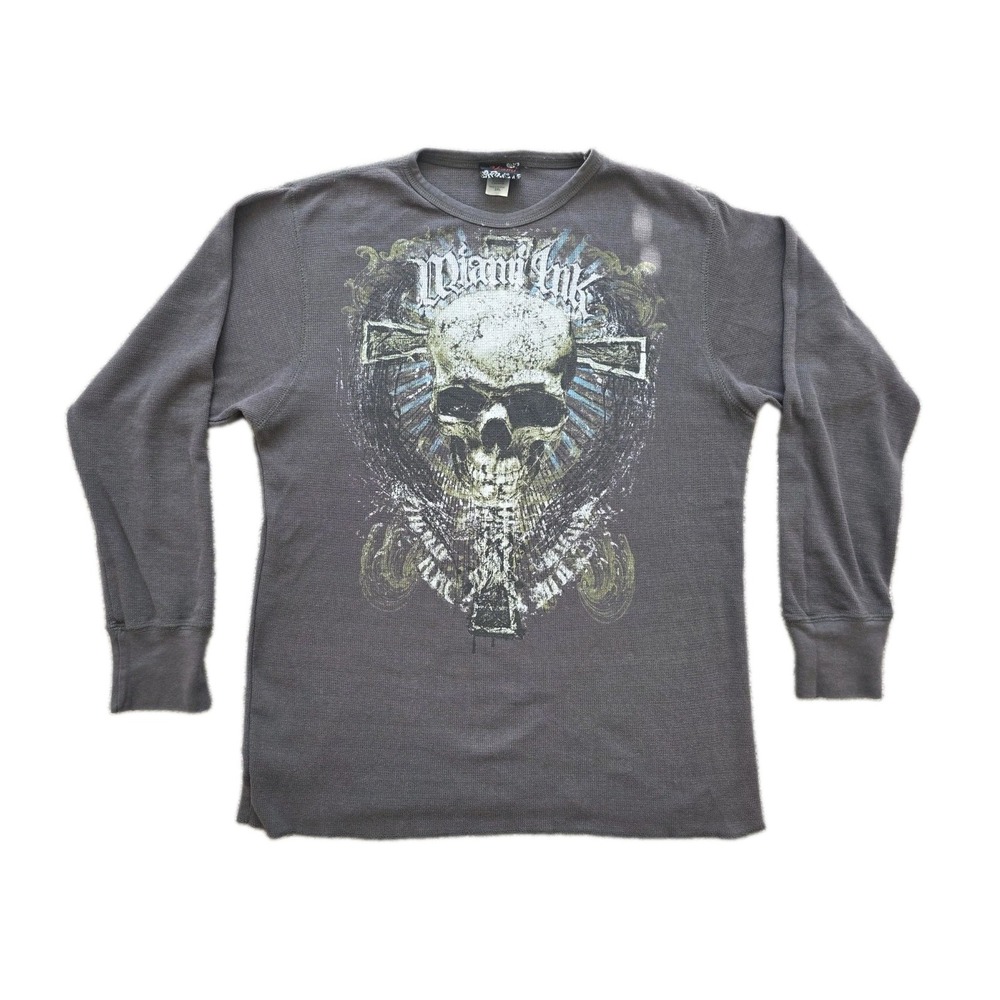Miami Ink Skull Cross Thermal Shirt Mens XL- 2XL Long Sleeve Tattoo Graphic Y2K